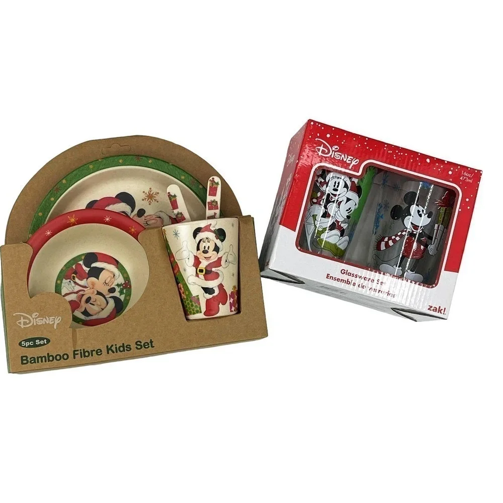 Disney Christmas Mickey Minnie Mouse Kid’s Glassware & Dinner Set NWT